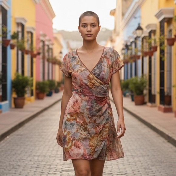 Vintage Dresses & Skirts - Y2K Floral Mesh Faux Wrap Dress 10